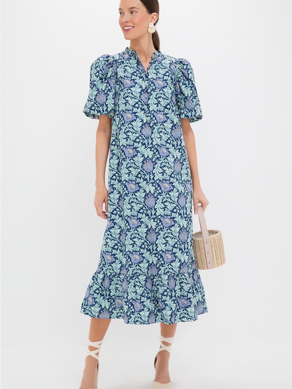 Hyacinth House White Mimi Midi Dress. Yellow Floral Print. Puff Sleeves. S. NWOT - Picture 10 of 13